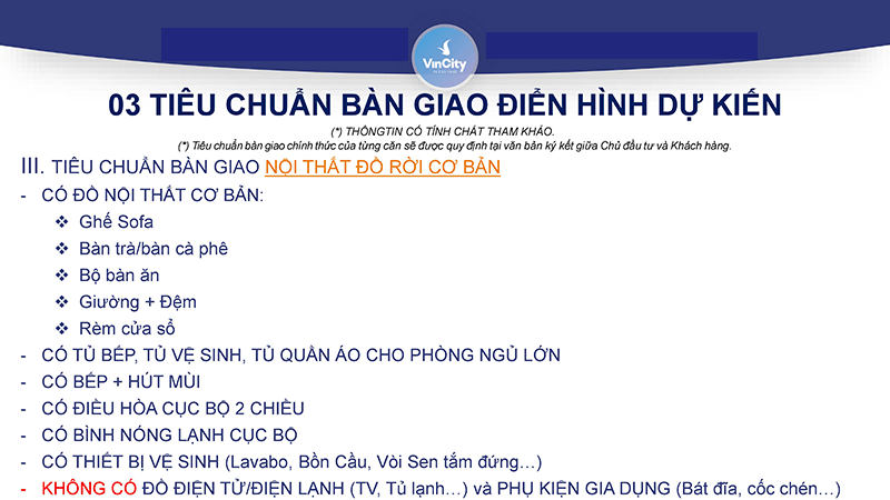 Tiêu chuẩn bàn giao nội thất đồ rời cơ bản Vinhomes Quận 9