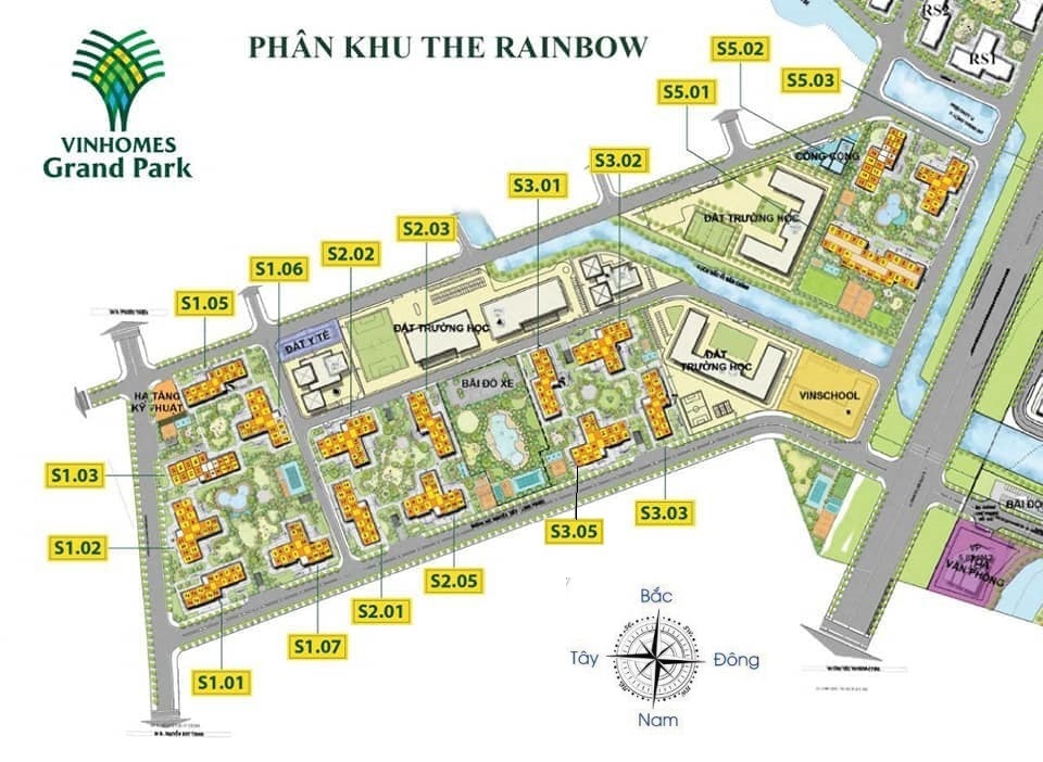 Vị trí các tòa thuộc phân khu The Rainbow Vinhomes Grand Park Quận 9